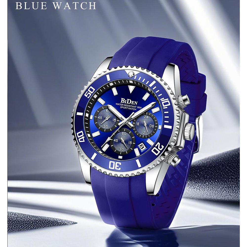 Sport Style Watch for Men Waterproof Chronograph Watch with Mineral Glass, Silicone Band Wristwatch