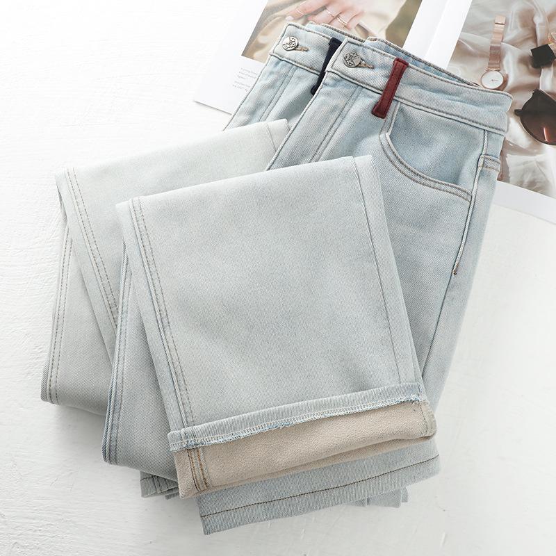 Women's Light Blue Fleece-Lined Jeans, Autumn/Winter 2024, Convertible Narrow/Wide-Leg, Retro Loose, High-Waisted, Straight-Leg Pants