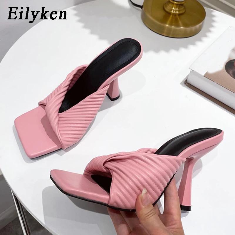 Summer Pleated Orange Women Slipper Fashion Slides Ladies Elegant Thin High Heel Square Toe Sandals Shoes