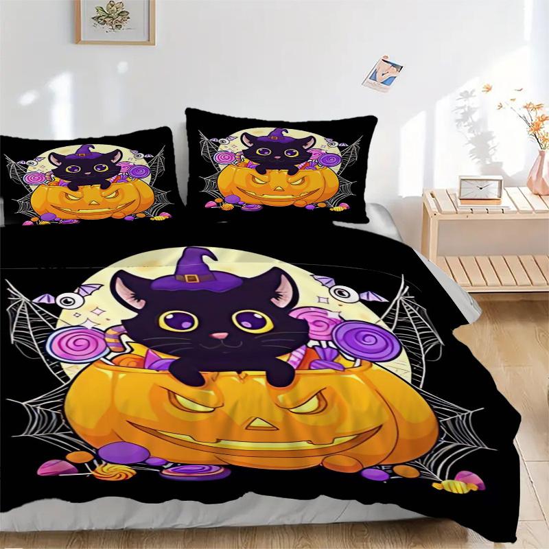 3pcs Cartoon Cat & Pumpkin Trick or Treat Print Bedding Set (1 Cover + 2 Pillowcases, Without Inserts), This Printed Bedding Set is Soft and