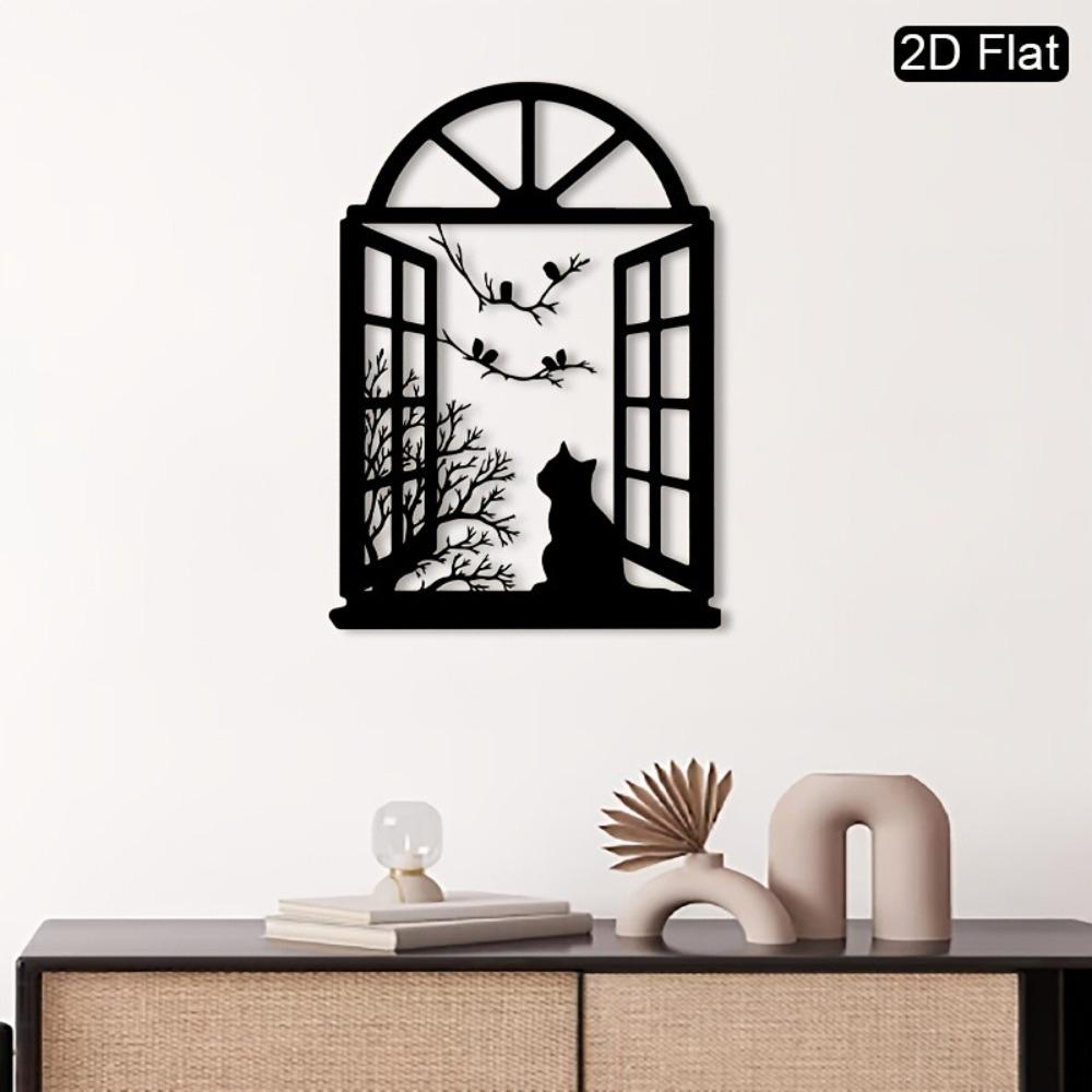 1pc Cat Birds Silhouette Window View Metal Wall Art, Detailed Craftsmanship Artistic Metalwork Sculpture, Housewarming Gift Christmas Decoration