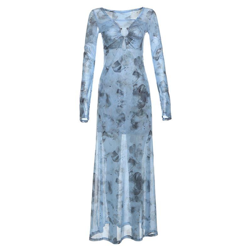

# Sisjuly# Gentle Ancient Rhyme Ink Blooming Sexy Hollow out V-neck Dress Women Vibe Retro Long Dress Blue 2XL