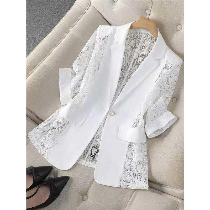 Women's Notched Lapel 3/4 Sleeve Lace Patchwork Blazer Regular Fit Elegant Office Jacket