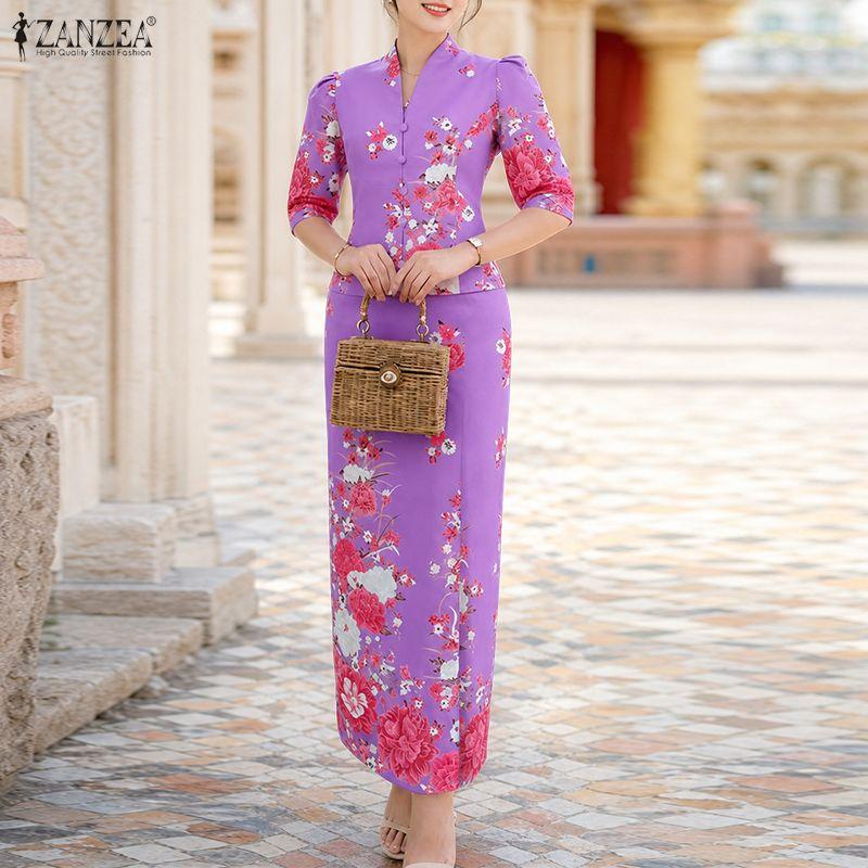 ZANZEA Dames Blouse met 3/4 Mouwen en Kokerrok Bloemenprint Elegante Tweedelige Pakken Sets