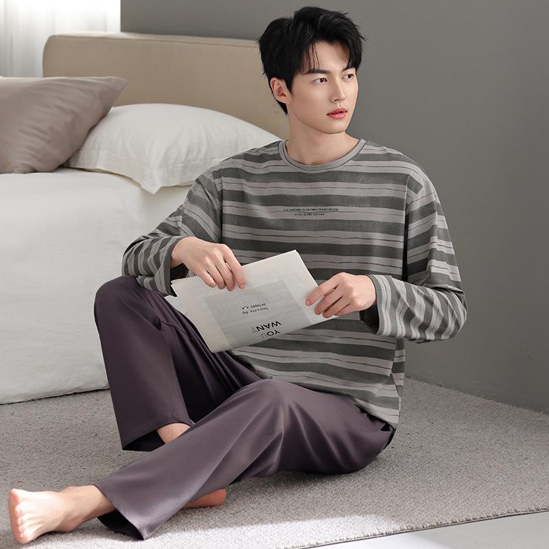Pajamas Men'S Spring And Autumn Autumn Cotton Long Sleeve Autumn Casual Pullover Large Size Men'S Loungewear Set