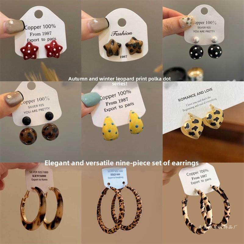 Hong Kong Style Real Gold Electroplated Leopard Print Circle Earrings Square Face Retro High-end Earrings Commuter Versatile Earrings Niche