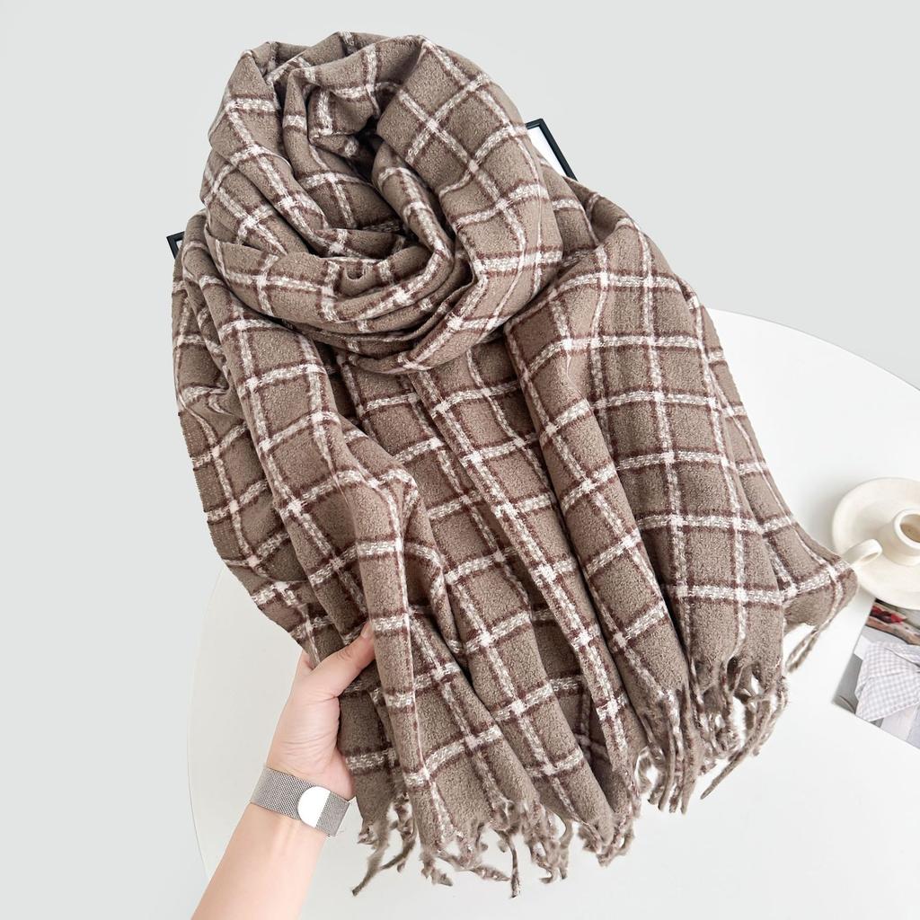 Korean Style High End Plaid Tassel Simple Scarf for Women Autumn and Winter Warm Shawl Fashion Imitation Cashmere Scarf