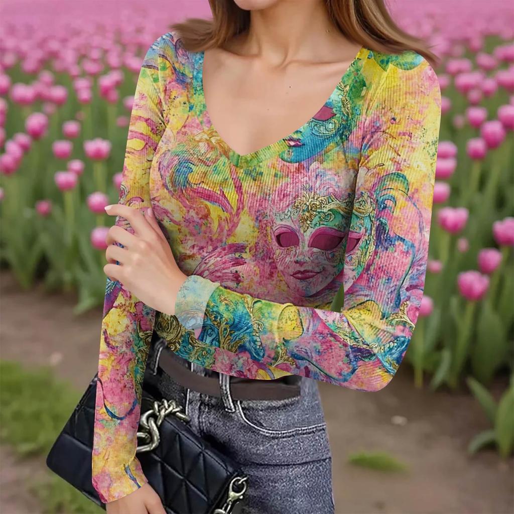 Women's Winter Slim-Fit Base Layer T-Shirt Fashionable Print V-Neck Pullover Long-Sleeved Top