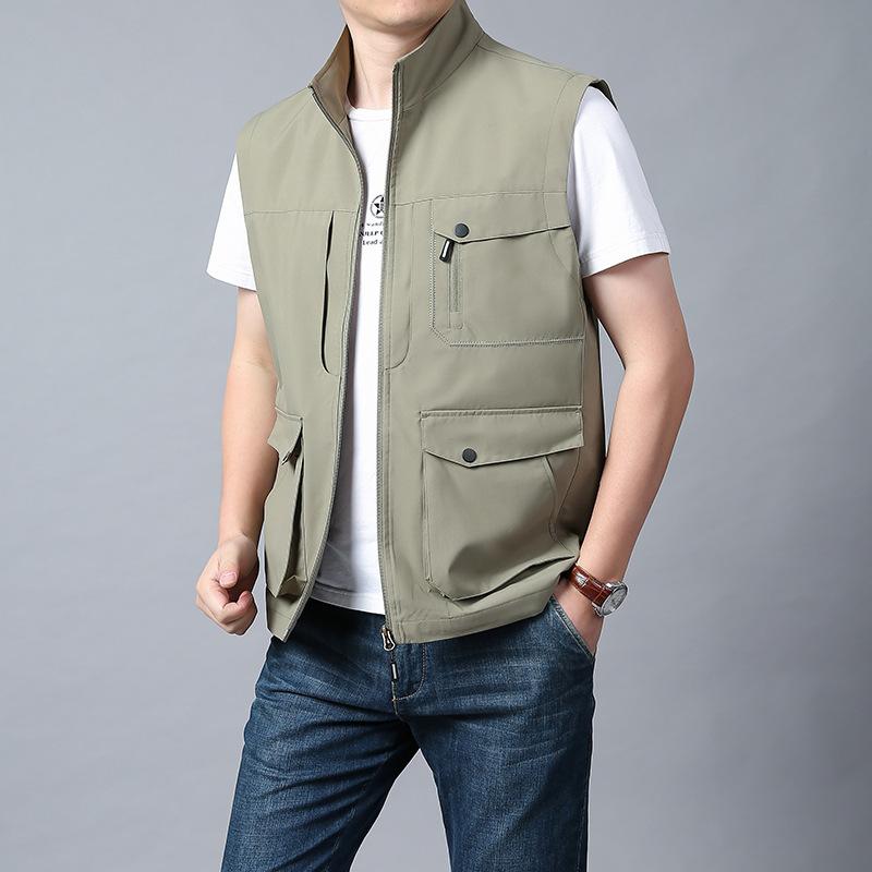 

Мужской жилет Тонкий безрукавный жилет с воротником-стойкой, многокарманный, быстросохнущий, жилет большого размера XL хаки