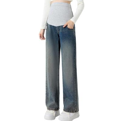 J-Scott Women's Maternity Straight Denim Pants, Postpartum, Loose Fit, Elastic Waist with Adjuster, Blue, JS131-BL-XL