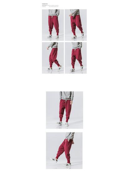 Men's 2025 Autumn Cotton Linen Cuffed Pants - Solid Color, Japanese & Chinese Style, Thin Drop Crotch Design