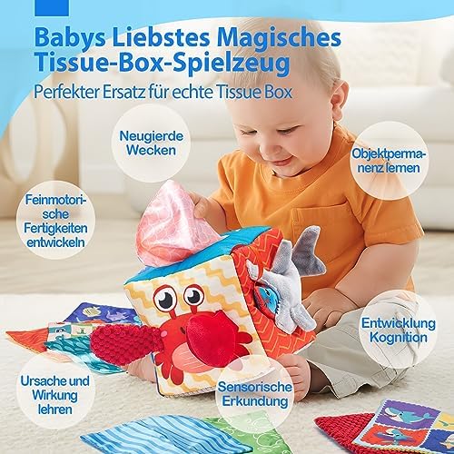 Hahaland Baby Toys 6-12 Months Montessori Sensory Tissue Box, Colorful Fabric Tabs Sensory Motor Skills Learning Toy for Boys Girls Gifts