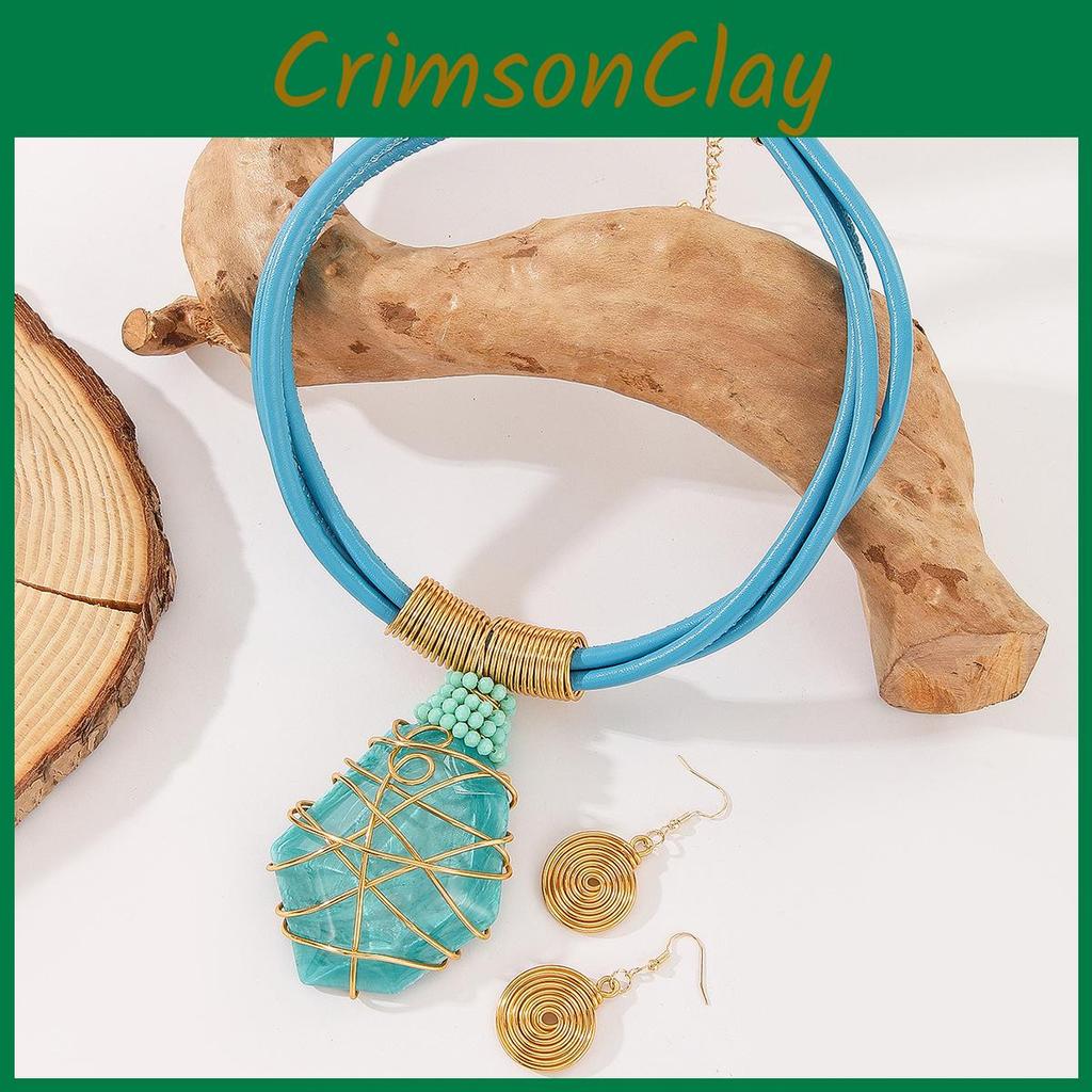 Resin Geometric Necklace Earrings Set Sparkling Big Gems Summer Fashion Style