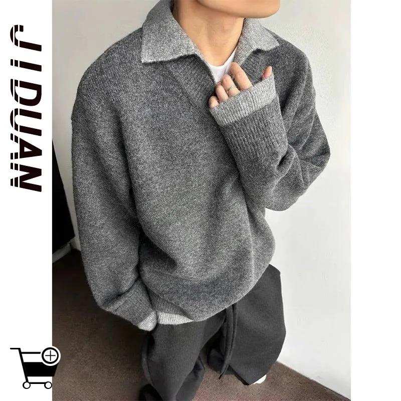 

Американский ретро свитер с V-образным вырезом и эффектом двухслойности, мужской зимний вязаный базовый слой с лацканами M серый