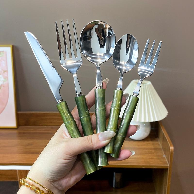 304 Edelstahl Luxus Retro Perlmutt Bambusgriff Besteckset Hohe Ästhetik Westliches Essbesteck Gabel Löffel Geschirr Set4