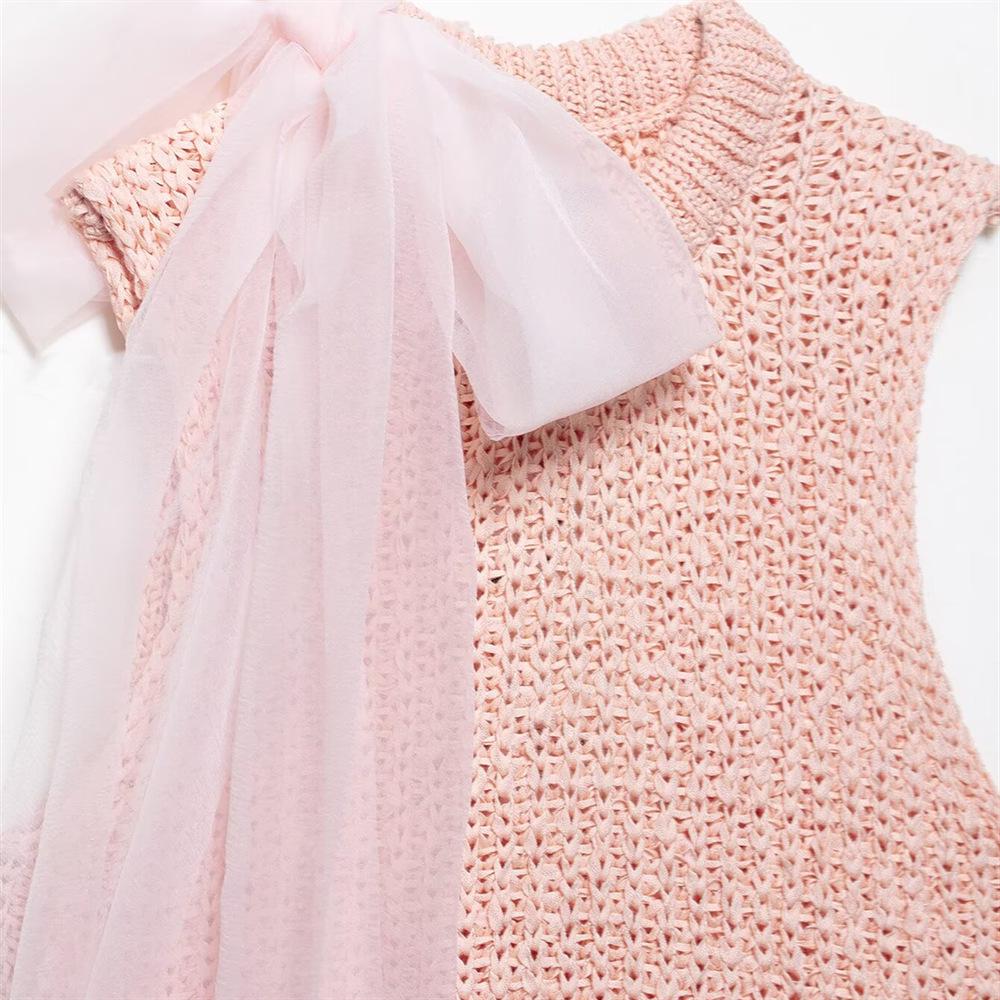 2025 Spring/Summer Women's Sleeveless Knitted Top with Transparent Yarn Bow Decoration