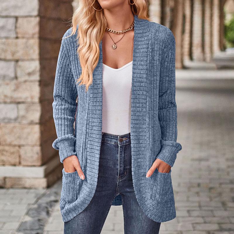 2025 Spring/Autumn Solid Color Ribbed Knit Cardigan Jacket