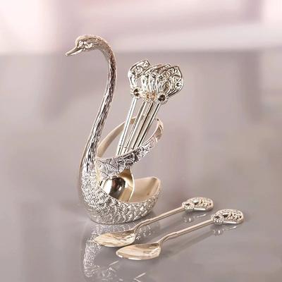 6Pcs Coffee Spoon Set Ice Cream Cake Scoop Afternoon Tea Dessert Spoons Swan Shape Storage Rack Kitchen Cutlery Creative Gifts
