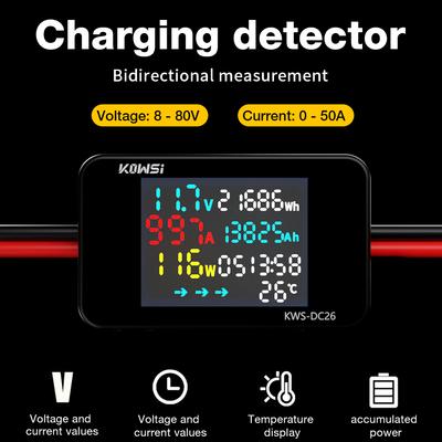 KWS-DC26 DC8-80V Detektor Ładowania Baterii Kolorowy Ekran LCD Woltomierz Amperomierz Miernik Mocy Elektrycznej Monitorowanie Prądu i Napięcia