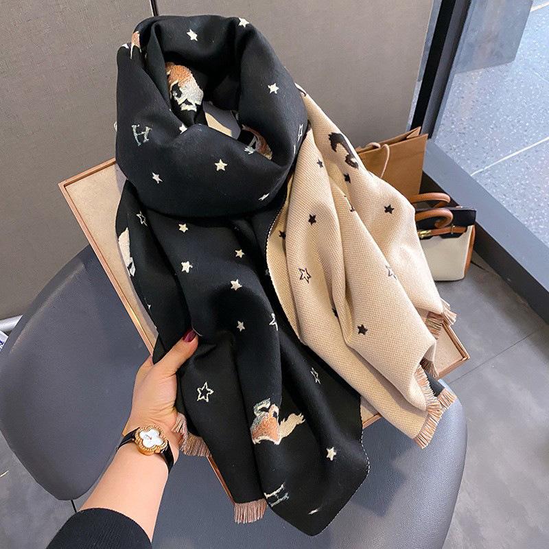 Women's Long Thick Warm Korean Style Scarf Imitating Cashmere Winter Fashion Scarf with Stylish Letter Pony Pattern as Shawl