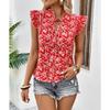 Women Sweet Stand Collar Ruffled Sleeve Flower Print Slim Fit Short Sleeve Shirt