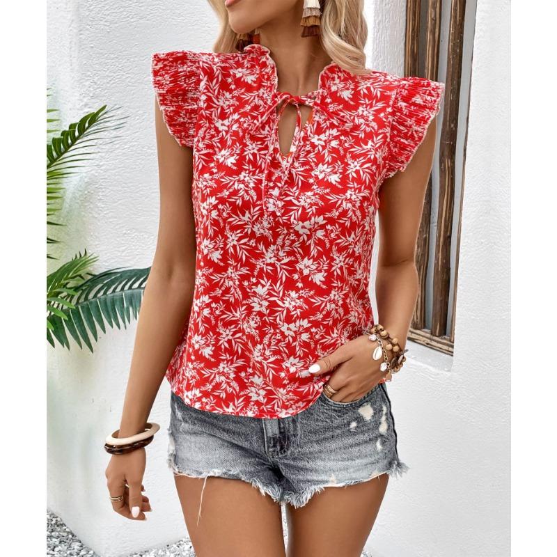 Women Sweet Stand Collar Ruffled Sleeve Flower Print Slim Fit Short Sleeve Shirt
