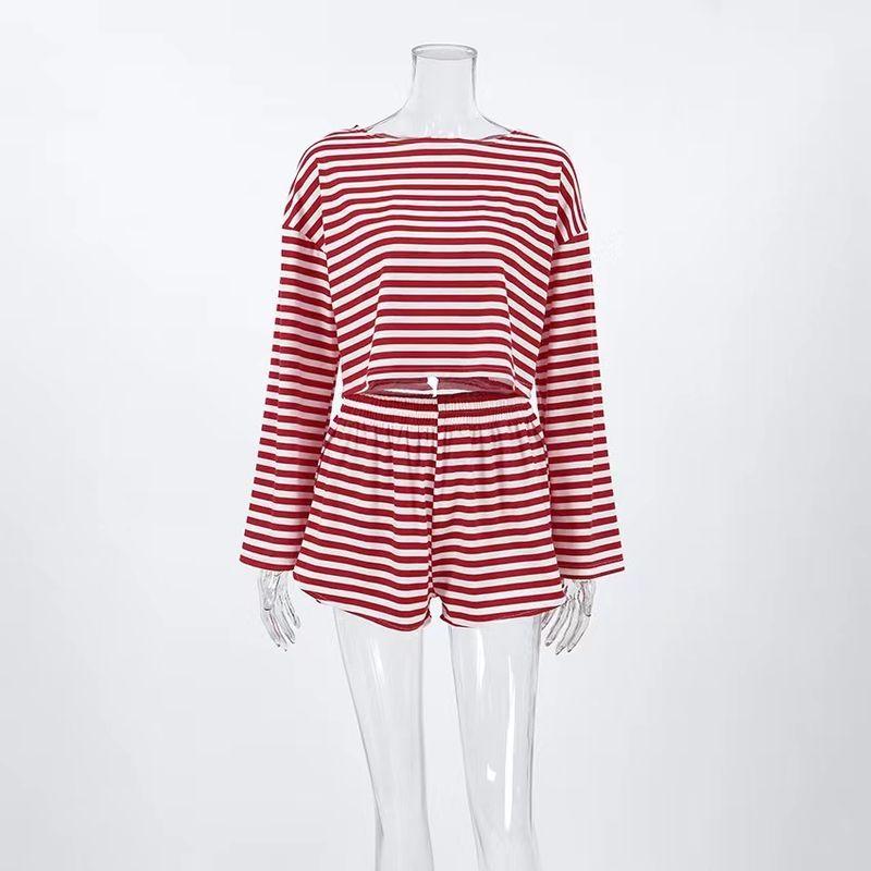 

Western Style New Stripe Long sleeve Top Slit Shorts Set Striped Top and Shorts Set Stripes L