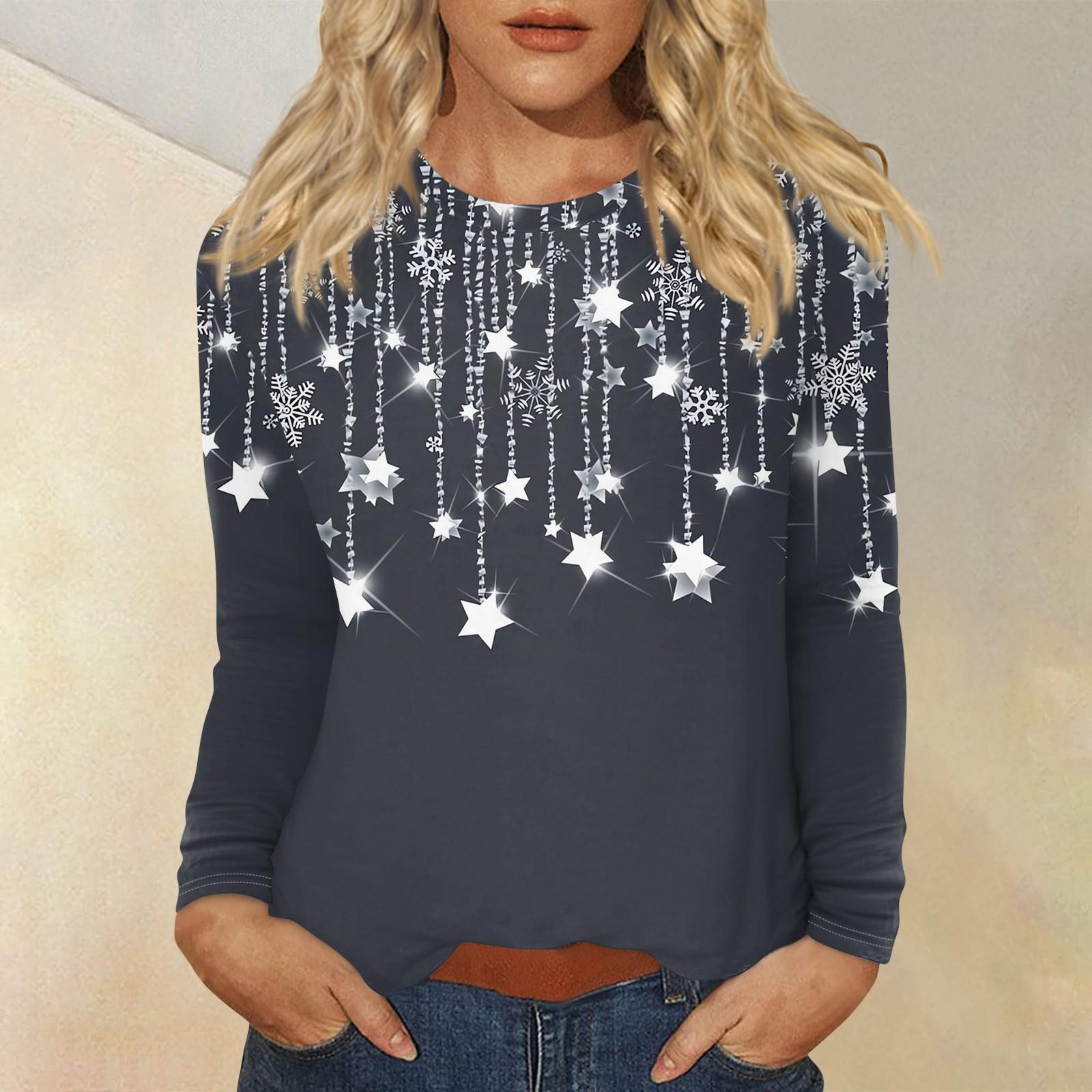 

Рубашки с длинным рукавом для женщин, милые футболки с принтом на Рождество, блузки, повседневные топы больших размеров, пуловеры M