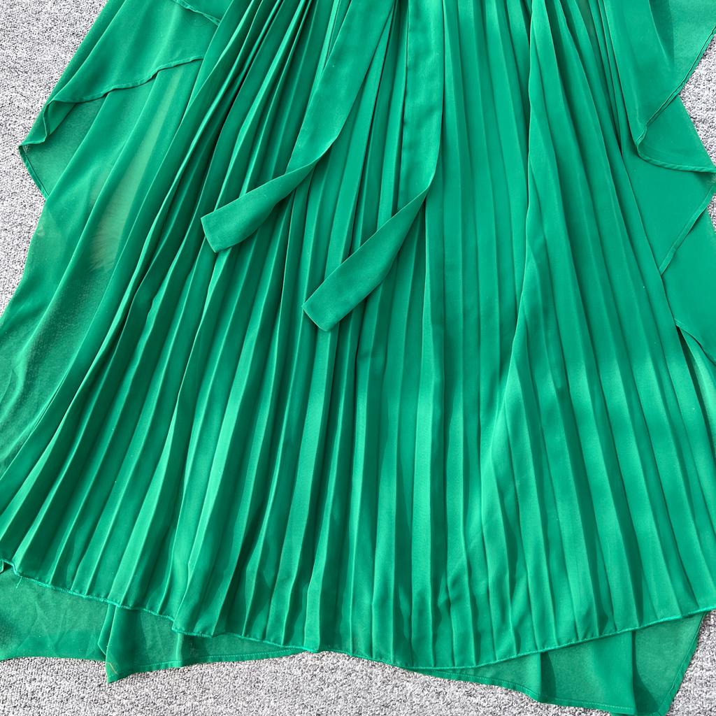 Elegante vestido largo plisado de gasa con cuello redondo, cordones y mangas estilo capa vintage para mujer, ropa de calle de moda