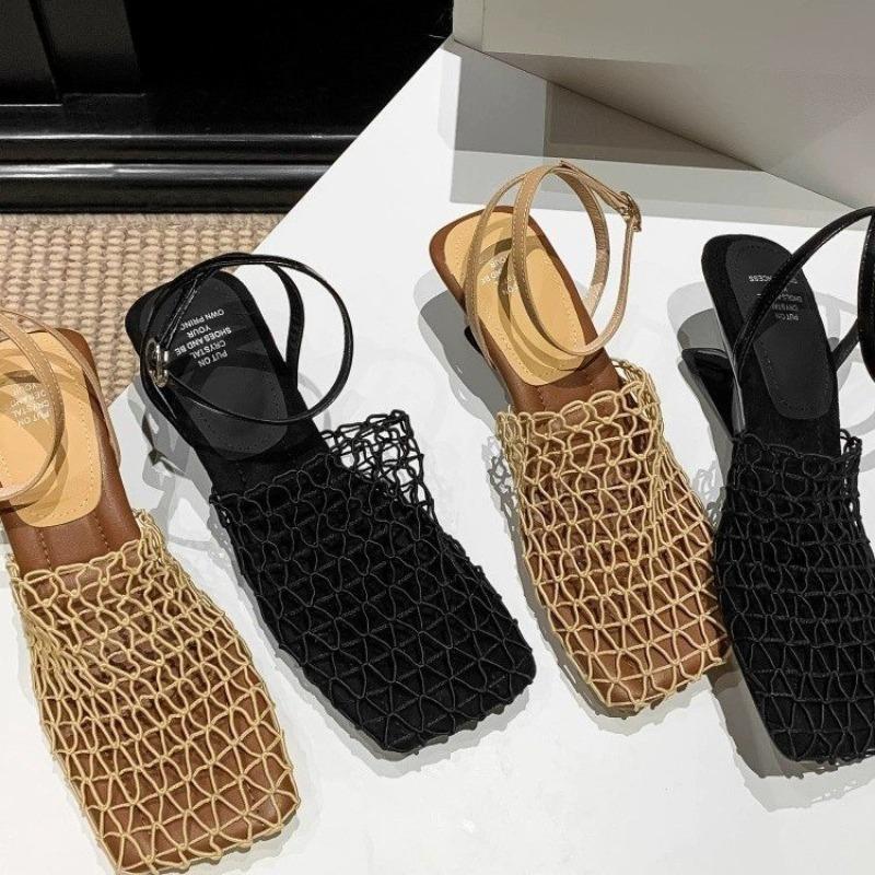 Fashion Summer Luxury Designer Sandals Women's Lace Mesh Square Toe Shallow Narrow Strap Braided Slip-on High Heel Sandals Zapatos Mujer