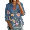 Women Button Front Shirt Vintage Floral Print Three Quarter Sleeve Loose Fit Blouse with Collar Casual Lightweight Top
