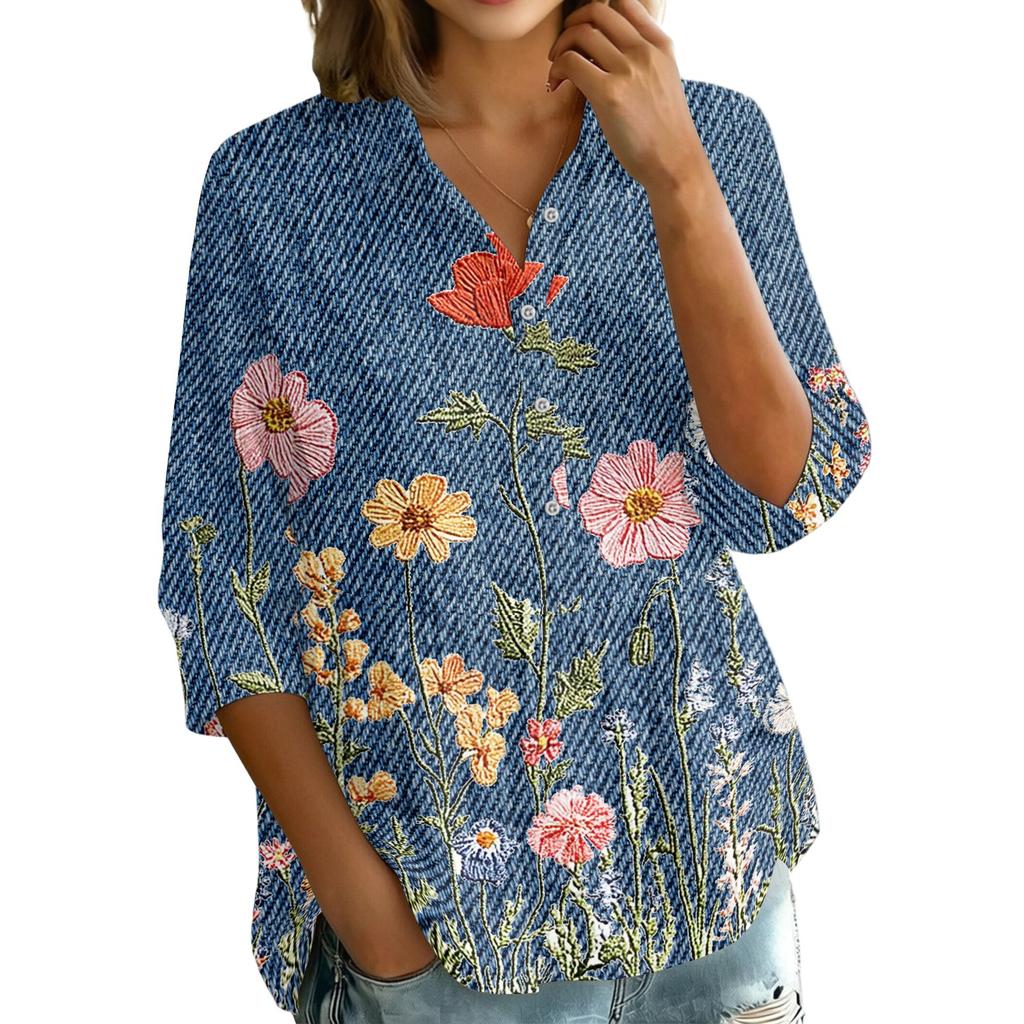 Women Button Front Shirt Vintage Floral Print Three Quarter Sleeve Loose Fit Blouse with Collar Casual Lightweight Top