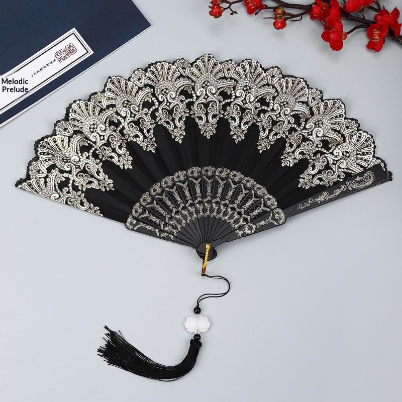 Elegant Chinese Lace Folding Hand Fan with Tassel Vintage Portable Prop for Ancient Costume Shoot Traditional Cultural Events