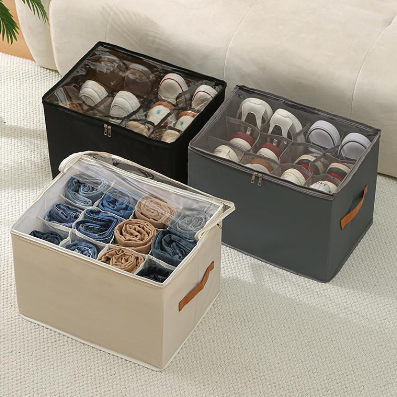 Foldable Fabric Shoe Storage Organizer 12 Grids Clear Lid Zipper Closure Easy Carry Handle for Space Saving Organization