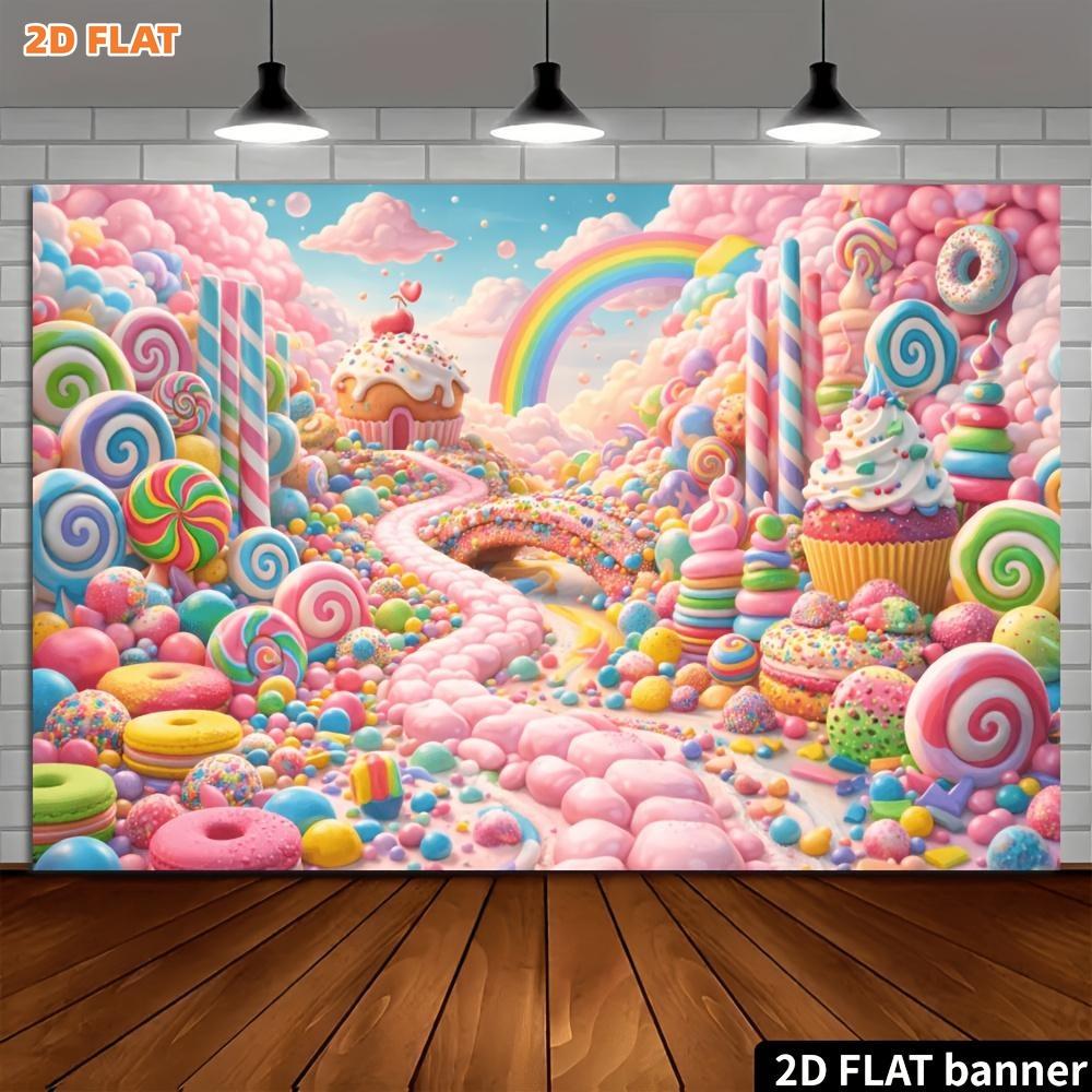 One dreamy candy world backdrop, featuring a rainbow candy bridge and cupcake theme, with bright and rich colors.