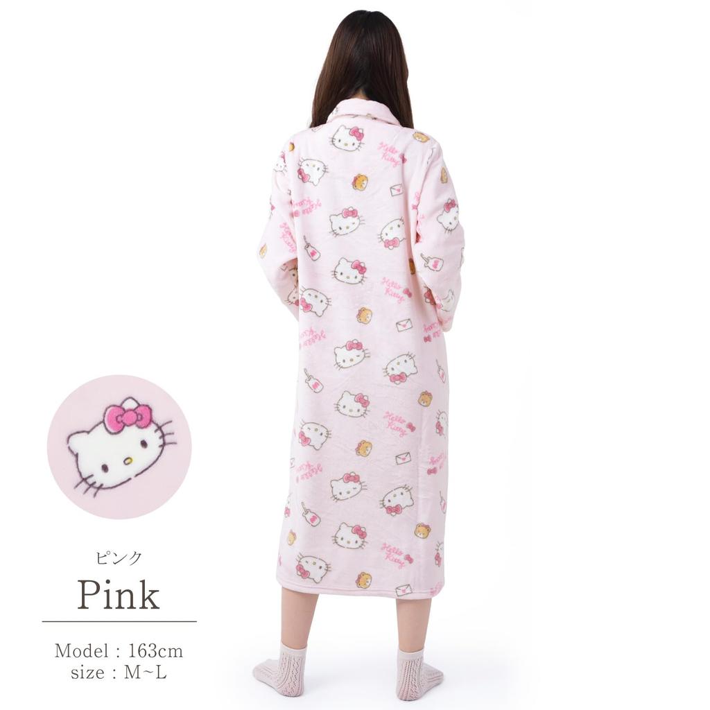 Hello Kitty Nightgown Flannel Loungewear Pink Ribbon Hello Kitty [SAZAC] One-piece Women's Button-down (Pink/ML/SAN1747)