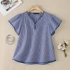 Women Casual V-Neck Short Sleeve Loose Grid Print Blouse