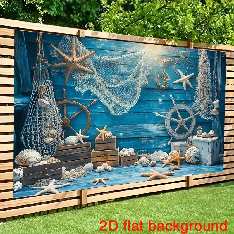 

Rustic Coastal Nautical Tapestry, Starfish & Seashell Wall Hanging, Vintage Blue Wood Backdrop for Home Decor 47.2x31.5inch/120*80cm