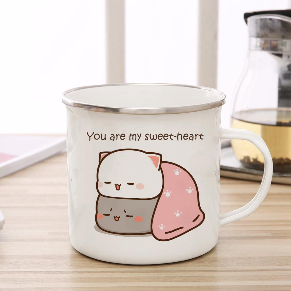 Nuovo gatto Peach e Goma Tazza smaltata Caffè Tazza da tè simpatico animale Colazione Dessert Tazza di acqua di latte regalo di coppia