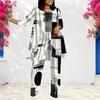 Women Plus Size Round Neck Three Quarter Sleeve Geometric Printed Layered Top Long Pants Two Piece Set