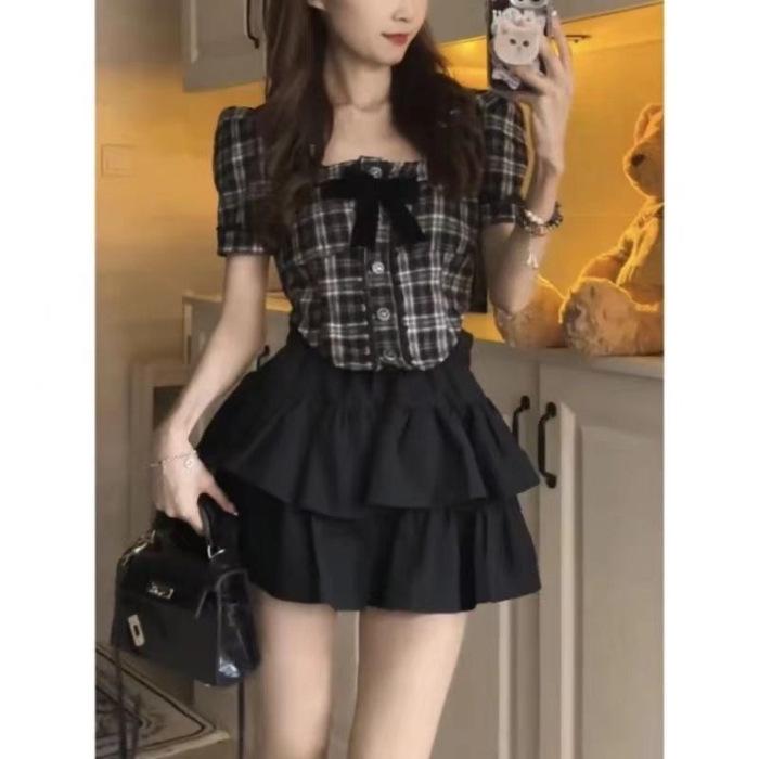 2026 Petite Plaid Puff Sleeve Top & Layered Black Mini Skirt Set S