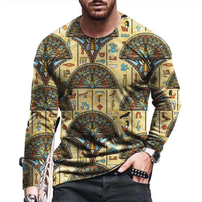 3D Ancient Egyptian Pattern Printed Men's Casual Round Neck Long Sleeve T-shirt