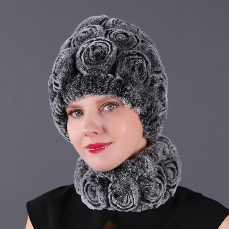 Rex Rabbit Rose Hat and Flower Scarf Set Specializing in the production of Rex Rabbit Scarf Hat Two-piece Adult Hat