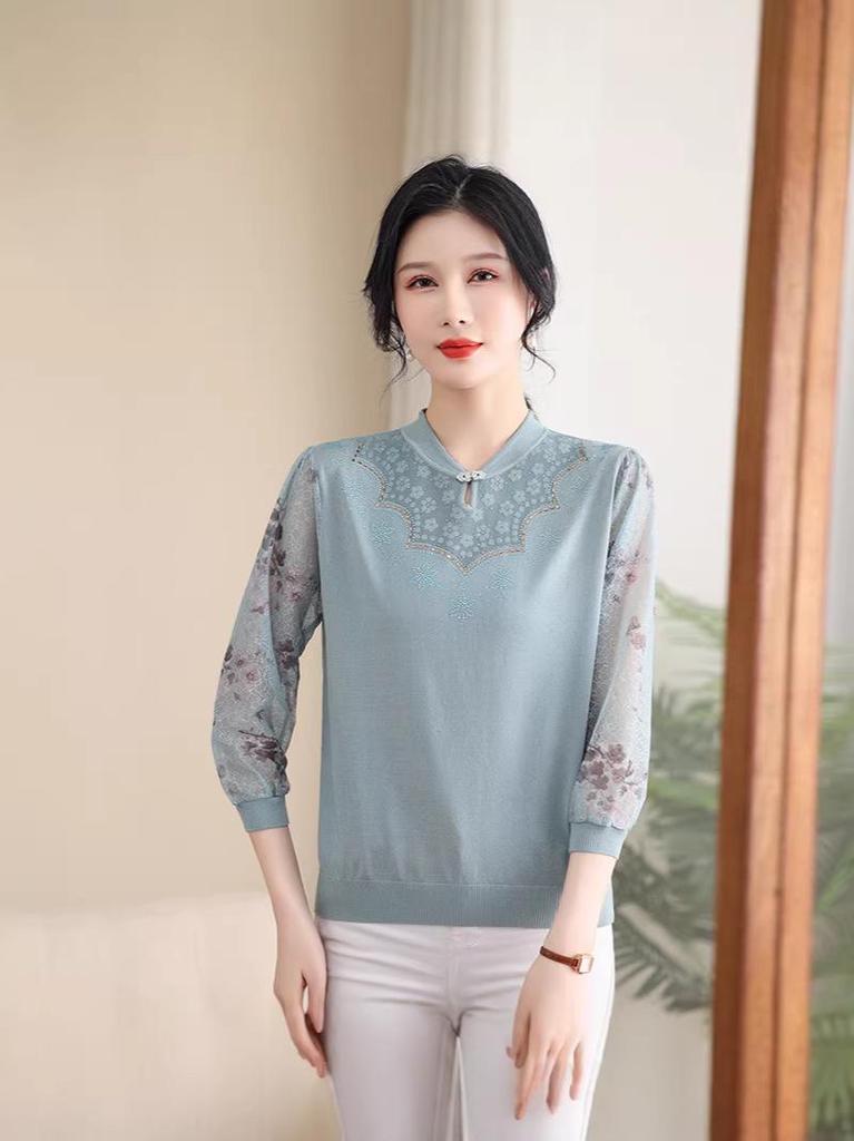 Elegant 2026 Spring/Autumn Knitted Top with Qipao Collar & Gauze Sleeves for Middle-aged and Elderly Women.