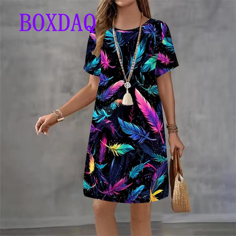 Gradient check Pattern For Ladies Dress Vintage Short Sleeve O-Neck Loose Casual A-Line Dress Summer Print Women Sundress