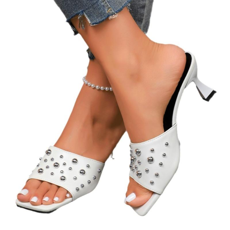 Women’s Studded Open-Toe High Heel Slide Sandals, Fashion Plus Size Shoes