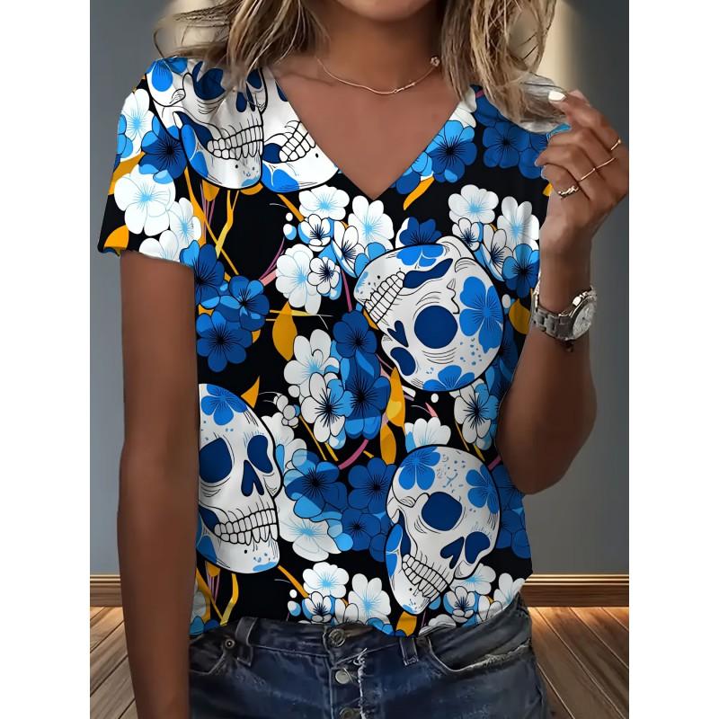 Womens V-Neck Loose Fit Short Sleeve T-Shirt With Colorful Geometric Starry Print Casual Top