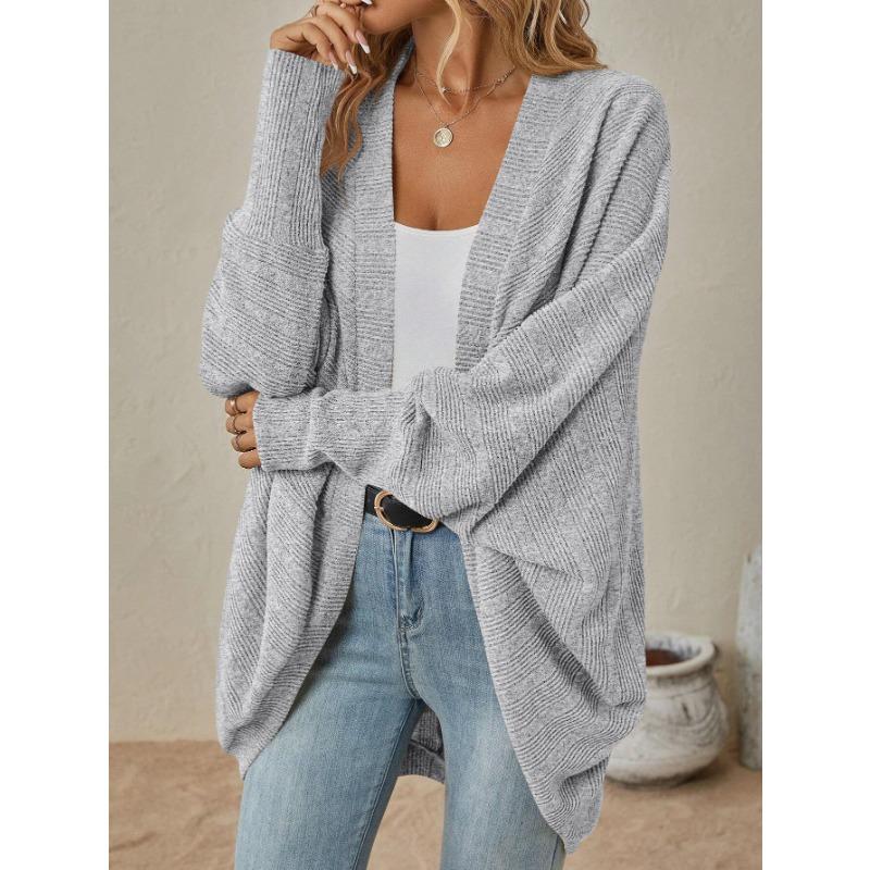 Women Open Front Ribbed Knit Cardigan Solid Blue Loose Batwing Long Sleeve Casual Outerwear Coat