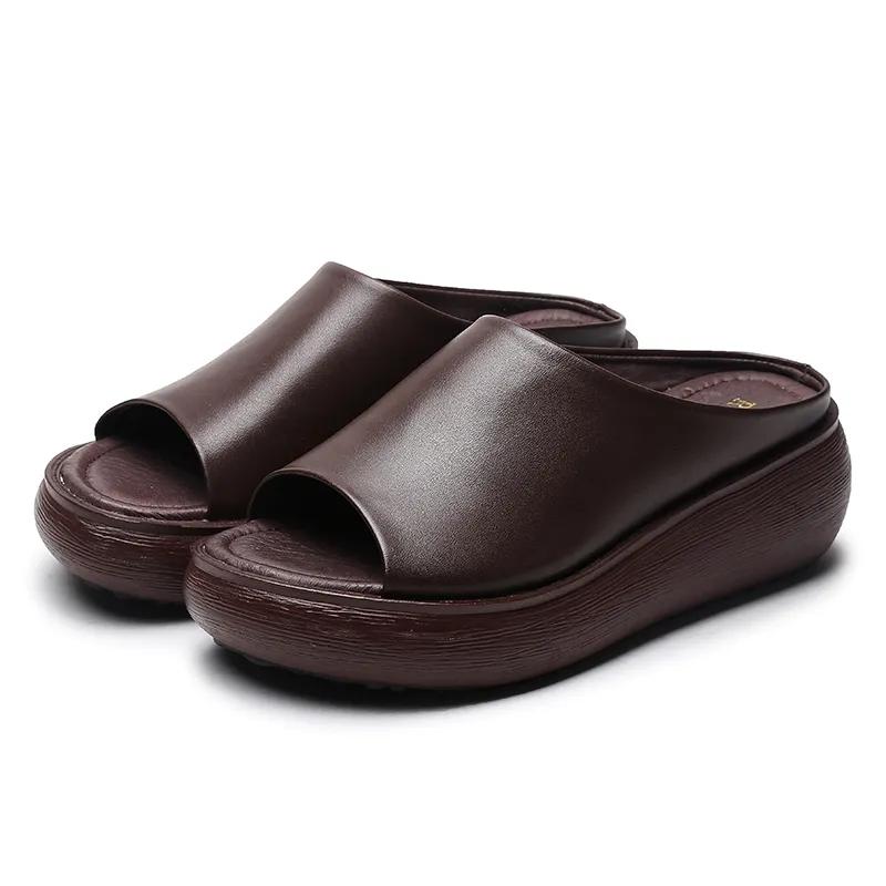 Fashion GKTINOO 2025 Ladies Genuine Leather Thick Sole Slippers Women Sexy High Heel Mules Clogs Peep Toe Platform Shoes Mother Sandals