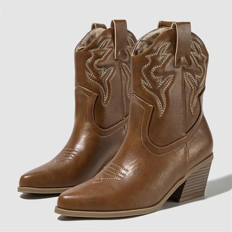 Зимний Дизайн Панк Стиль Вышивка Острый Носок Женские Ботильоны Квадратный Низкий Каблук Короткие Западные Ботильоны Обувь 40 5240₽